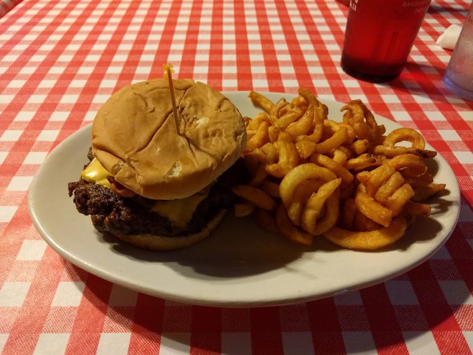 Regular Bacon Cheese Burger and Curly Fries